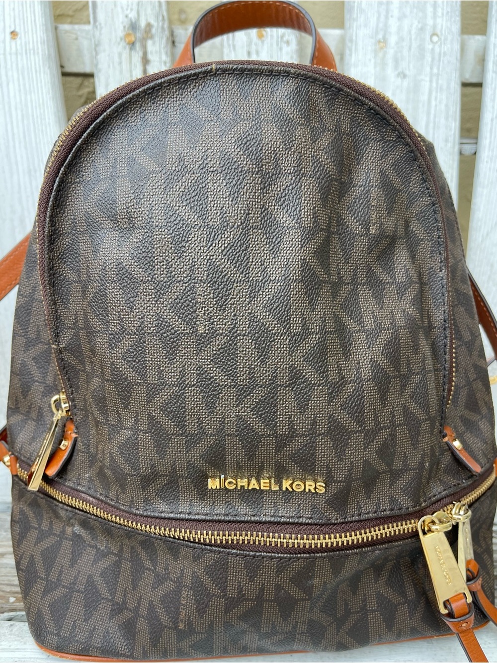 Michael Kors Rhea Medium Backpack Brown Acorn MK Logo Print Gold Zippers - Picture 6 of 7